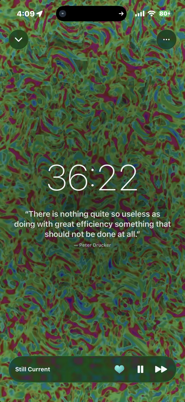 Luminoise Lock In screen: a 36:22 timer over a moving visual, a quote from Peter Drucker, and controls for Still Current.
